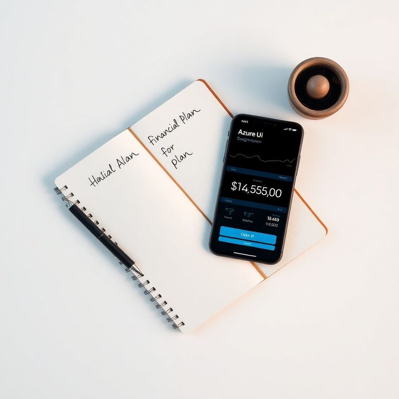 Notebook s finančným plánom a telefón s cenníkom v azúrovom UI